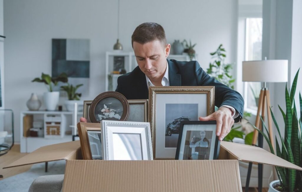 Remove emotional triggers - Image of a Person placing framed photos and items into a box or rearranging their space.