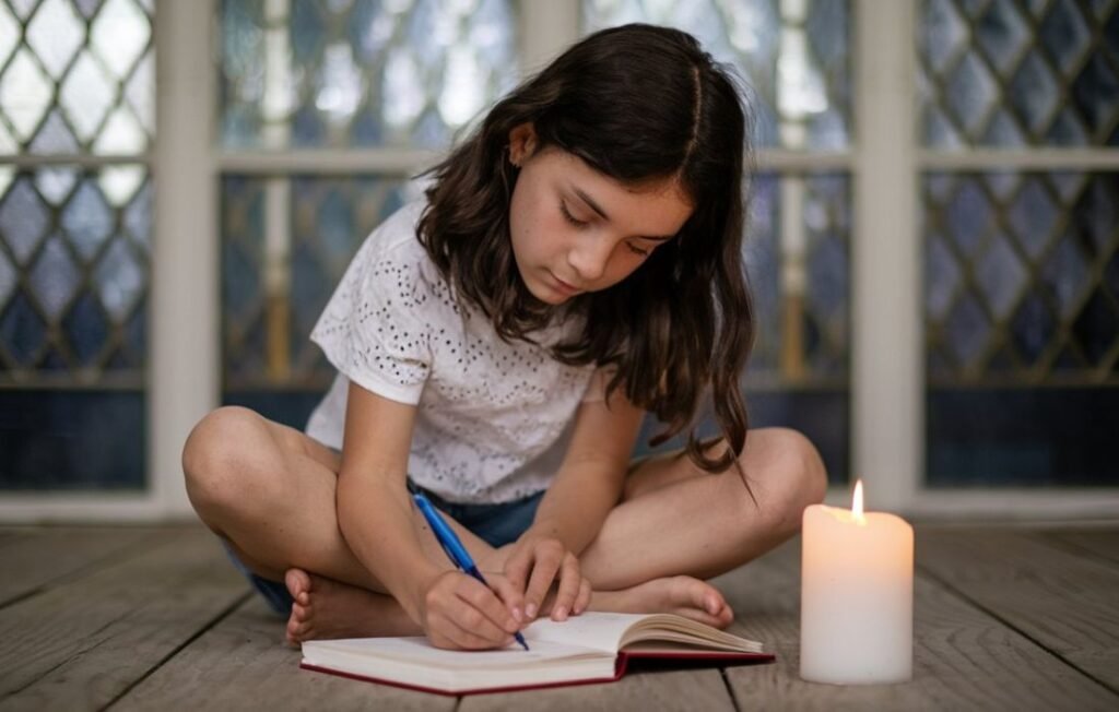 Follow healing ritual - Image of a person sitting cross-legged with a lit candle and a journal.