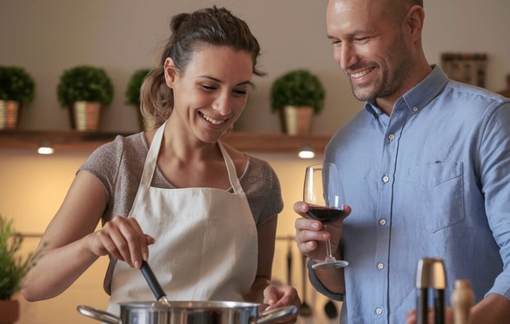 A couple is cooking together