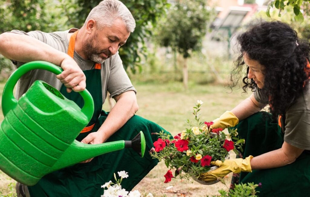 A couple gardening together 